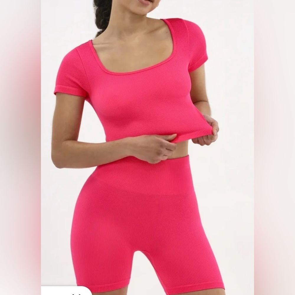 No Boundaries Seamless Double Square Neck Top & Bike Short Set, Women's